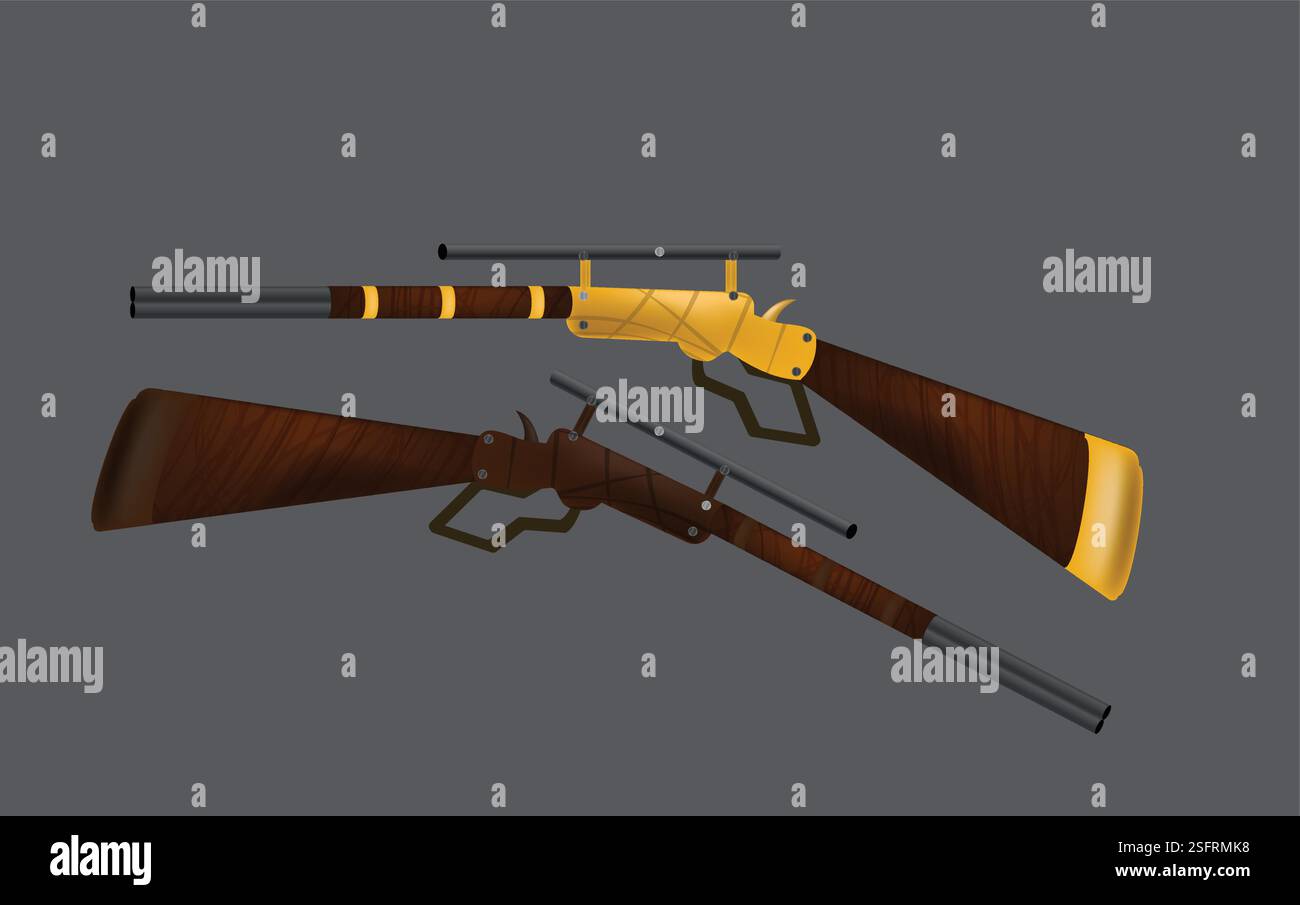 Due fucili steampunk con mirino poggiato su sfondo NERO Illustrazione Vettoriale