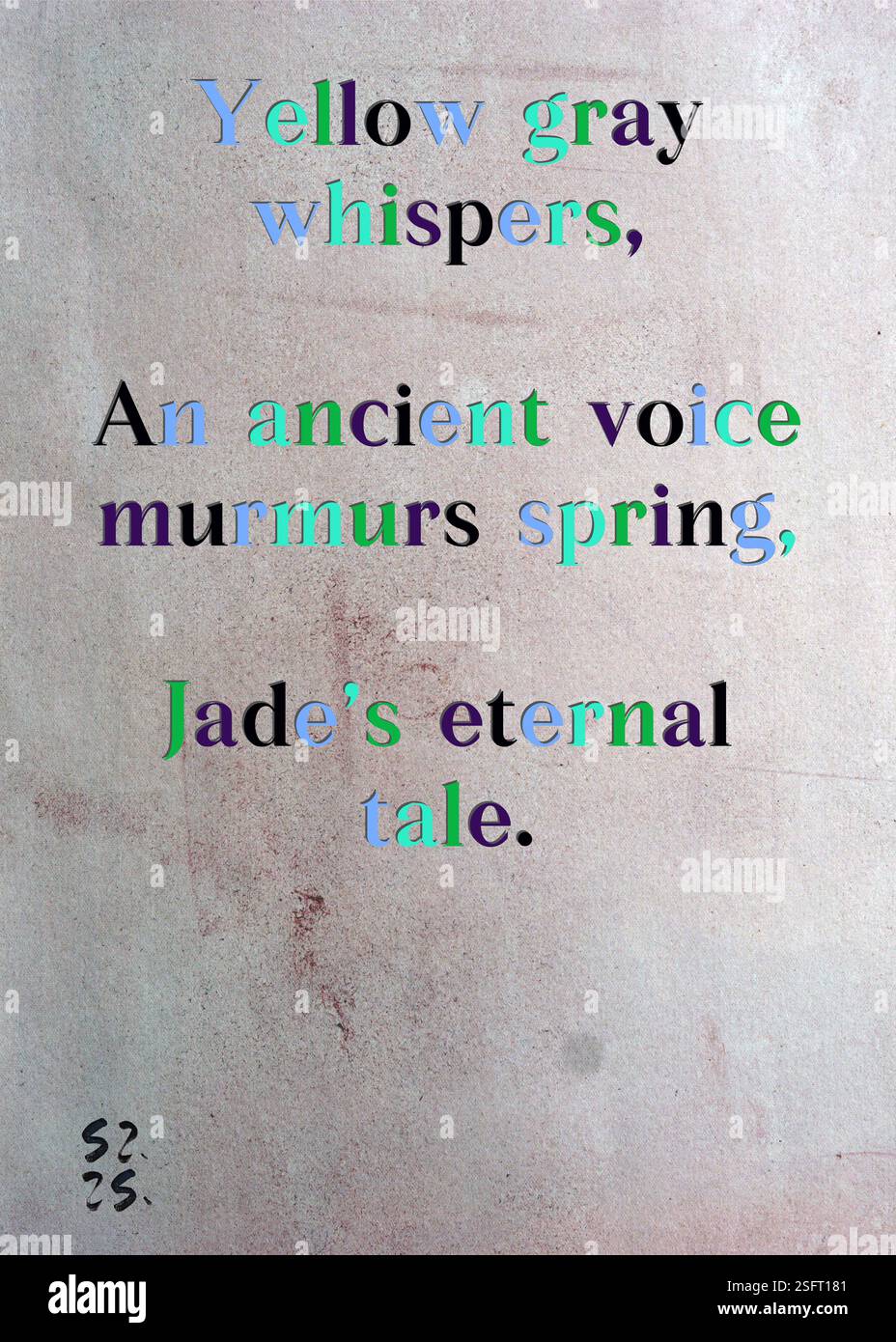 Il grigio giallo sussurra, un'antica voce soffia la primavera, la storia eterna di Jade. La Gilda degli scrittori d'argento di Oscar Frydenlund. Arte di Zsuzsa Szikra. Poetry Art Print, Triplumes è una forma poetica unica ispirata al tradizionale haiku, composta da tre righe che catturano momenti di chiarezza, emozione e approfondimento. Nella nostra collezione abbracciamo la libertà del linguaggio, dove la fusione delle parole e la rimozione dei trattini è più di una scelta stilistica: È un modo per trasmettere unità e vicinanza tra le idee, creando un'espressione fluida e compatta che risuona con i ritmi della vita moderna. Foto Stock