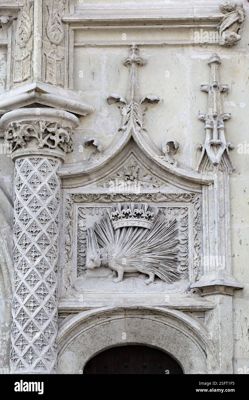 Un dettagliato rilievo in pietra caratterizzato da un porcospino coronato che mostra l'intricata maestria artigianale di Blois. Foto Stock