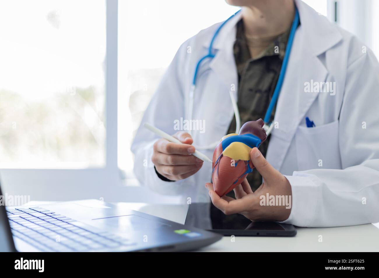 Medico militare in camice bianco e stetoscopio, con un modello di cuore umano e con uno stilo per dare spiegazioni. Foto Stock