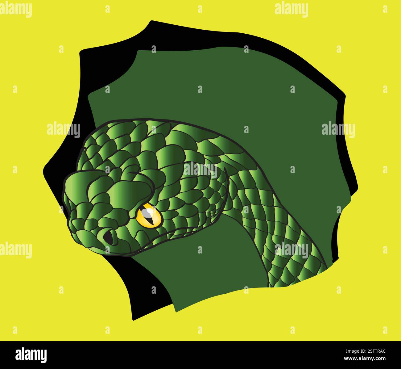 Serpente verde che emerge da un buco con uno sguardo intenso Illustrazione Vettoriale