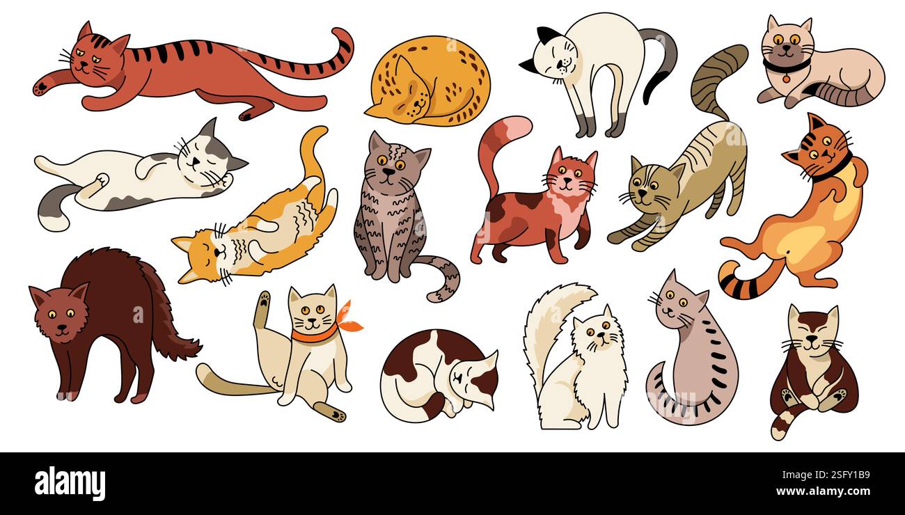 Carino gatto domestico. Cartoni animati divertenti gattini con diverse emozioni e pose di gatto, adorabili personaggi di cuccioli in varie azioni. Colore vettoriale Illustrazione Vettoriale