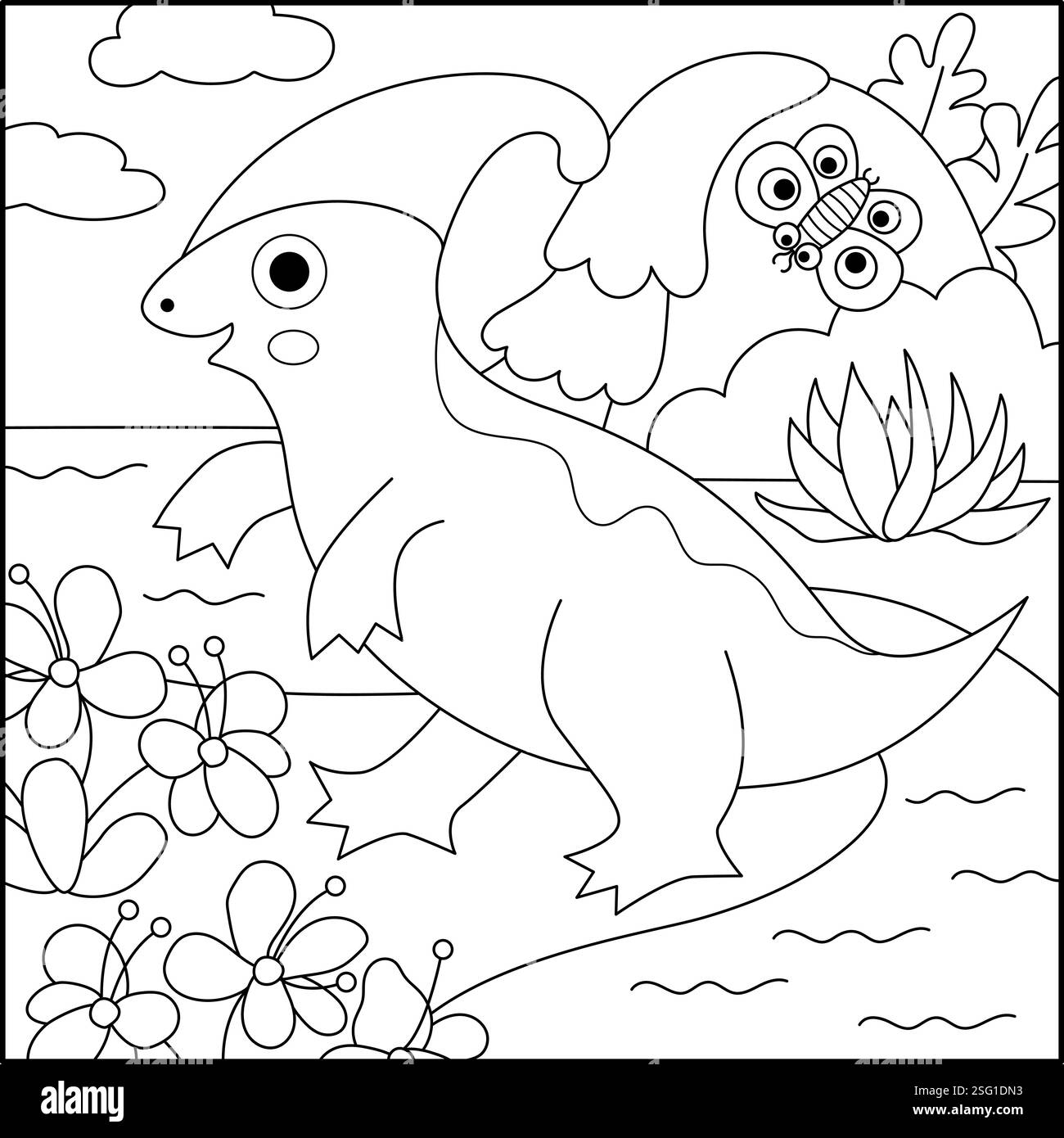 Scena in bianco e nero con quadrato vettoriale con parasaurolophus. Illustrazione del paesaggio della linea di dinosauro. Graziosa pagina da colorare preistorica con cascata, fiume, Illustrazione Vettoriale