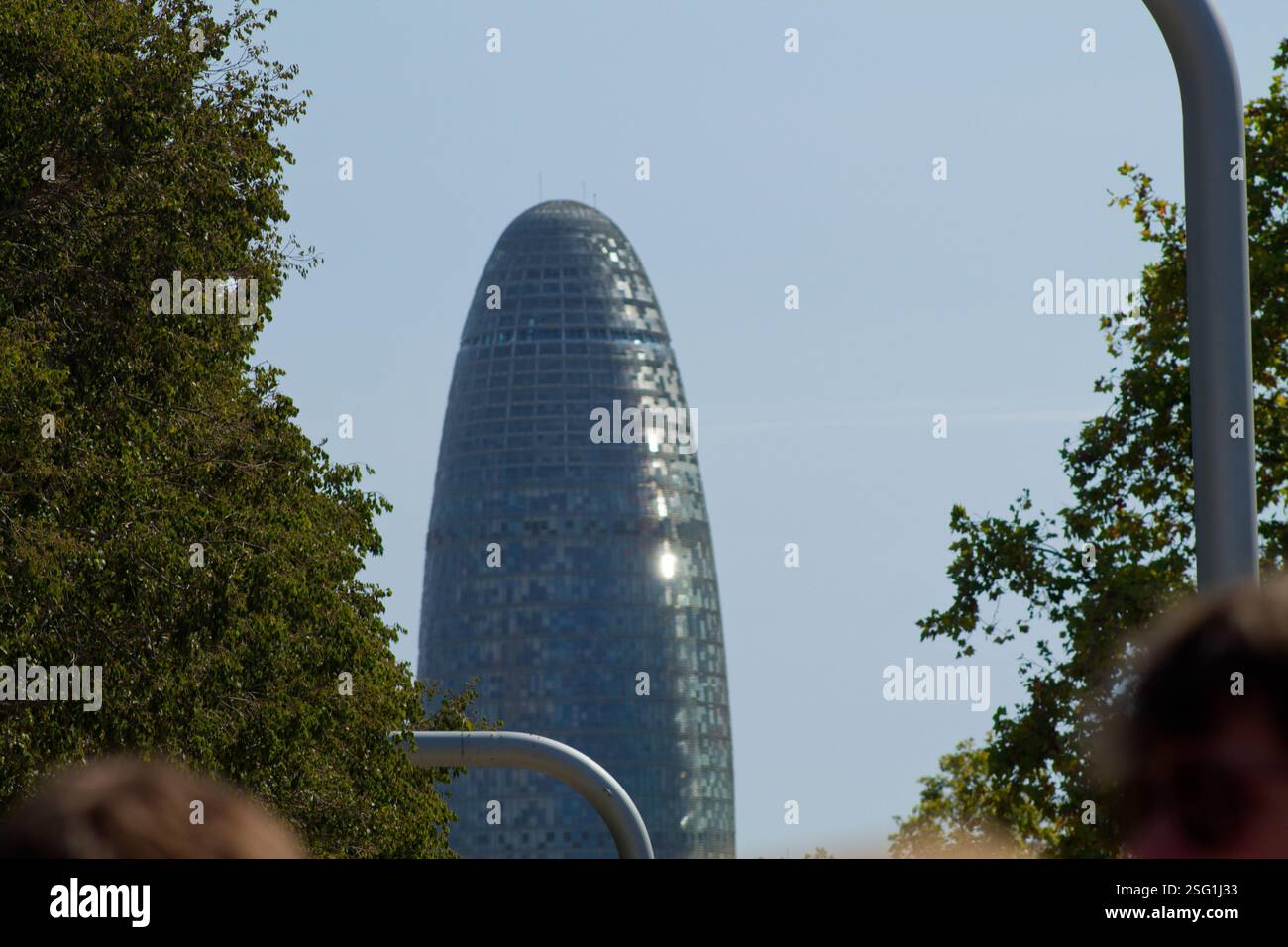 Un grattacielo alto e moderno dalla forma unica e allungata, parzialmente oscurato dagli alberi. L'edificio presenta una facciata di vetro riflettente, adagiata su di un Foto Stock Un grattacielo alto e moderno dalla forma unica e allungata, parzialmente oscurato dagli alberi. L'edificio presenta una facciata di vetro riflettente, adagiata su di un Foto Stock