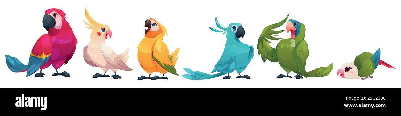 Pappagallo dei cartoni animati. Uccello volante. Macchia tropicale. Simpatico personaggio dell'ala del bambino. Piume colorate. Animali esotici. Divertente parakeet. Creatura aviana della giungla. Ara PET. Set di uccelli della foresta pluviale isolati dal vettore Illustrazione Vettoriale