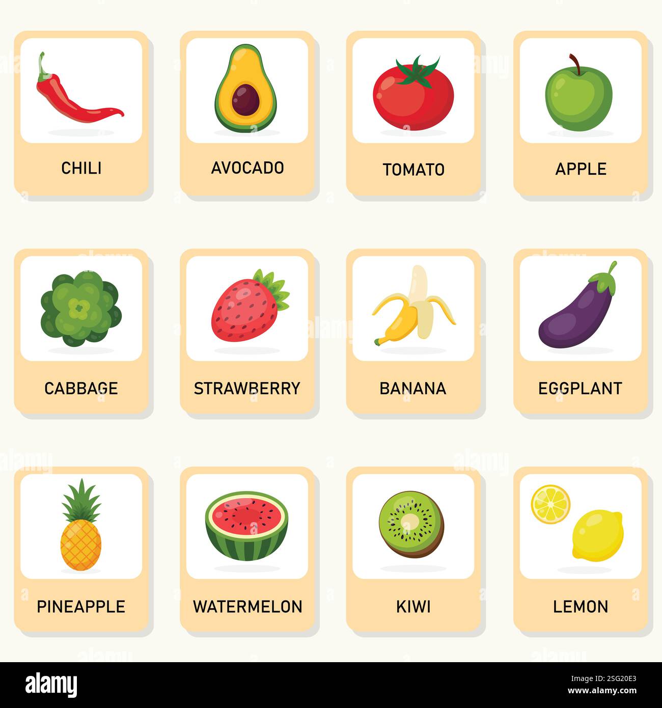 Adesivi con frutta e verdura. Carte da insegnamento. Illustrazione vettoriale. Illustrazione Vettoriale