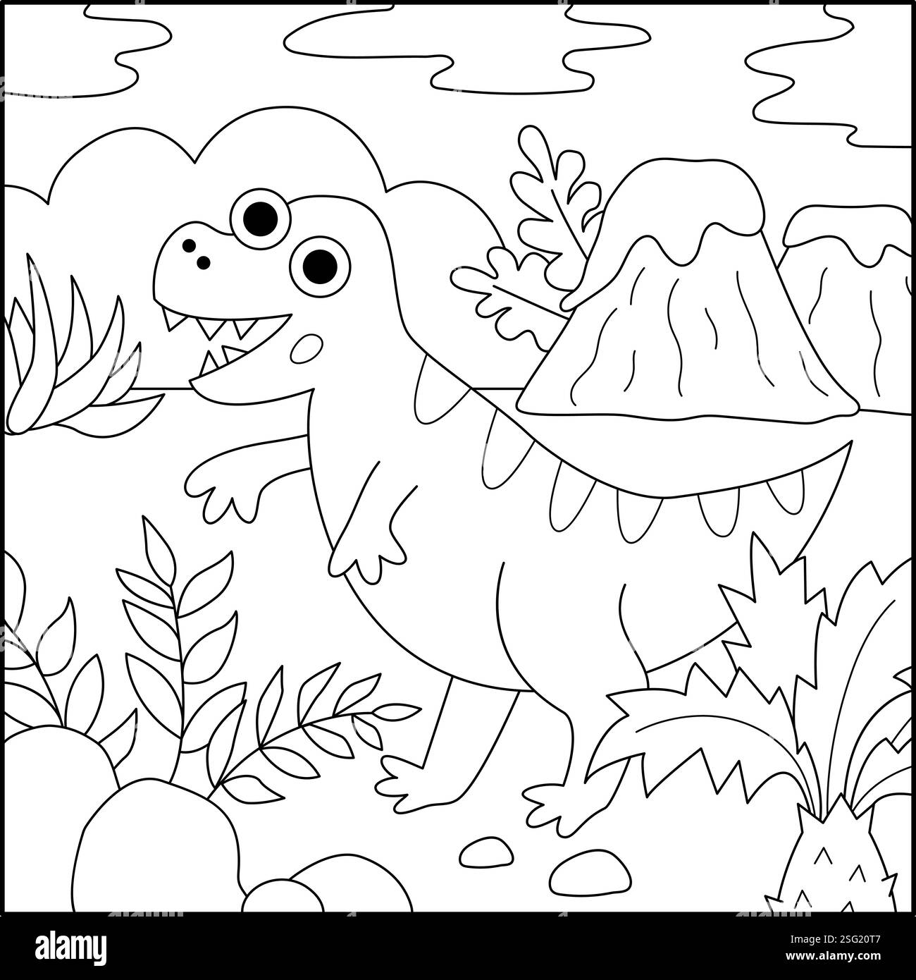 Scena quadrata vettoriale con Tyrannosaurus Rex. Illustrazione del paesaggio dei dinosauri. Linea carina pagina da colorare preistorica con T-rex, vulcano, foglie di felce, palma Illustrazione Vettoriale