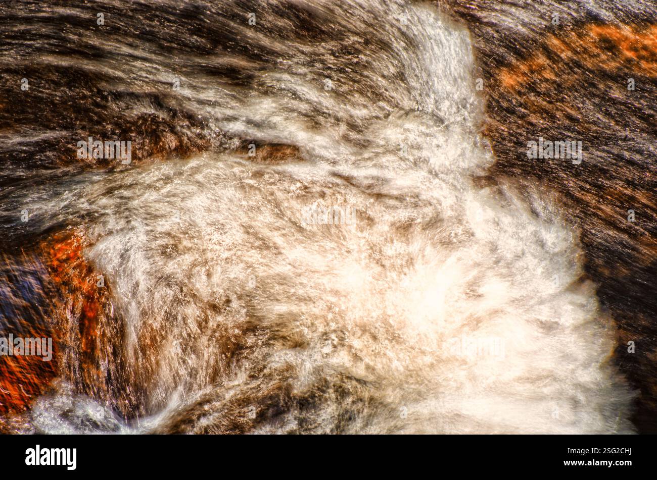 Immagine astratta a lunga esposizione dell'acqua che scorre sulle rocce, creando un motivo dinamico e testurizzato. Foto Stock