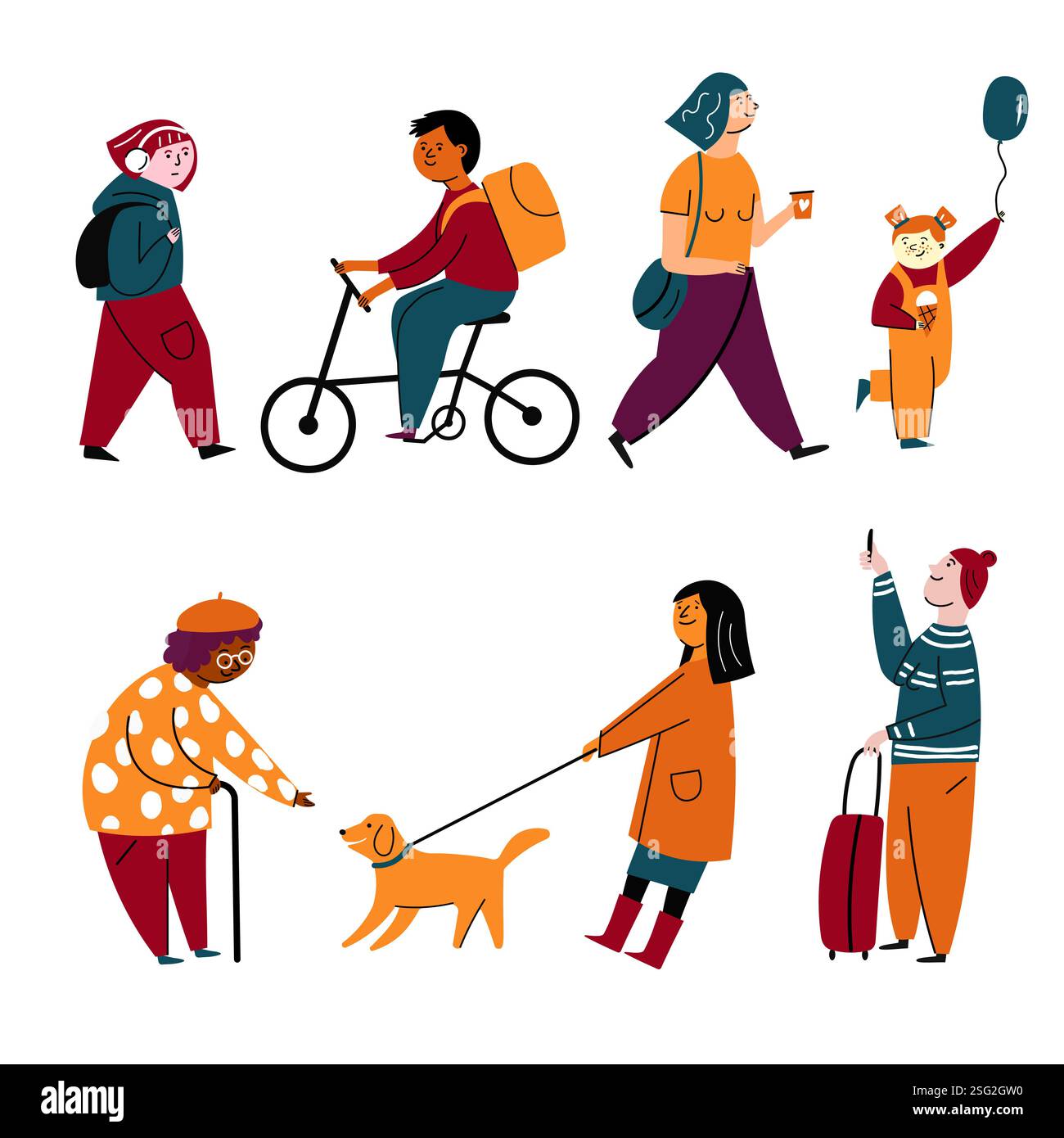 Gente di città che cammina, bicicletta, Dog Walking e viaggia Illustrazione Vettoriale