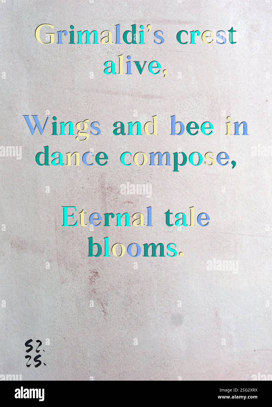 Lo stemma di Grimaldi Alive, Wings and bee in dance compongono, Eternal Story Blooms. La Gilda degli scrittori d'argento di Marta del Sueno. Arte di Zsuzsa Szikra. Poetry Art Print, Triplumes è una forma poetica unica ispirata al tradizionale haiku, composta da tre righe che catturano momenti di chiarezza, emozione e approfondimento. Nella nostra collezione abbracciamo la libertà del linguaggio, dove la fusione delle parole e la rimozione dei trattini è più di una scelta stilistica: È un modo per trasmettere unità e vicinanza tra le idee, creando un'espressione fluida e compatta che risuona con i ritmi della vita moderna. Foto Stock