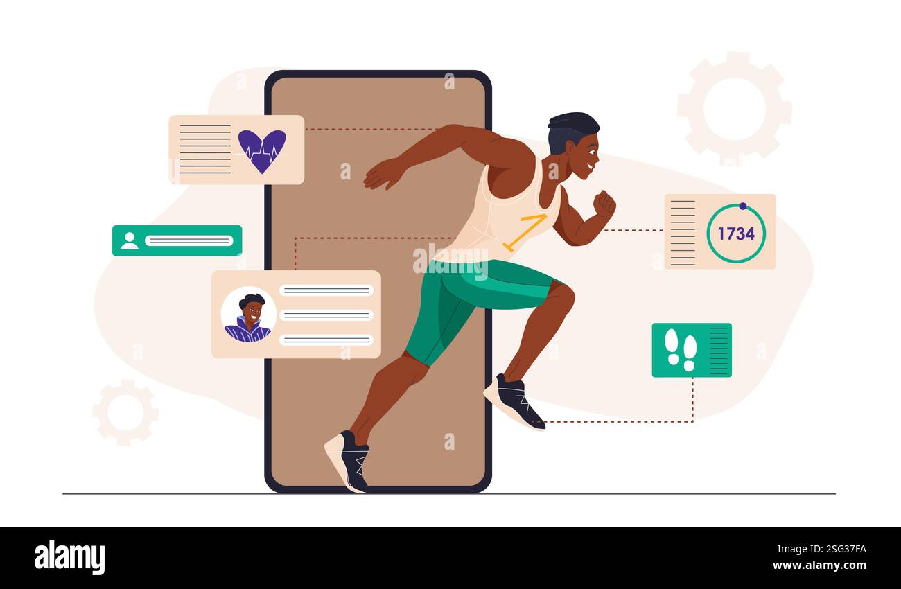 Atleta che corre vicino allo smartphone. Uomo che corre vicino a un telefono cellulare di grandi dimensioni. Stile di vita attivo e sport. Fitness e allenamento. Sportivo che fa il cardio Illustrazione Vettoriale