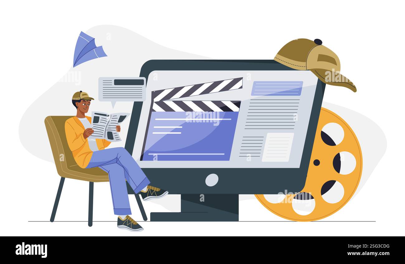 Regista online. Uomo seduto vicino allo schermo del computer e al film. Industria cinematografica e cinematografica. Produzione di film e serie TV. Direttore e. Illustrazione Vettoriale