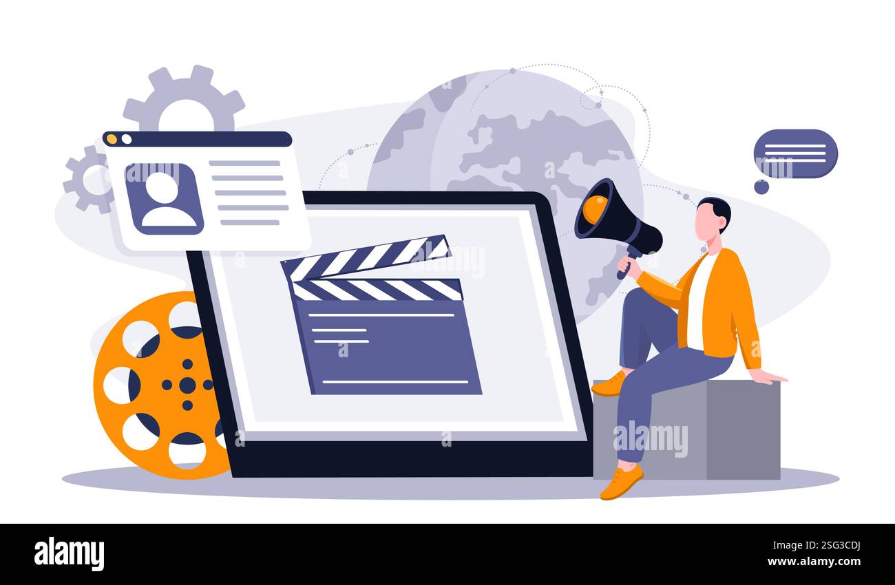 Regista online. Uomo con altoparlante vicino al tablet. Industria cinematografica e cinematografica. Produzione di film e serie TV. Direttore e sceneggiatore. Piatto Illustrazione Vettoriale