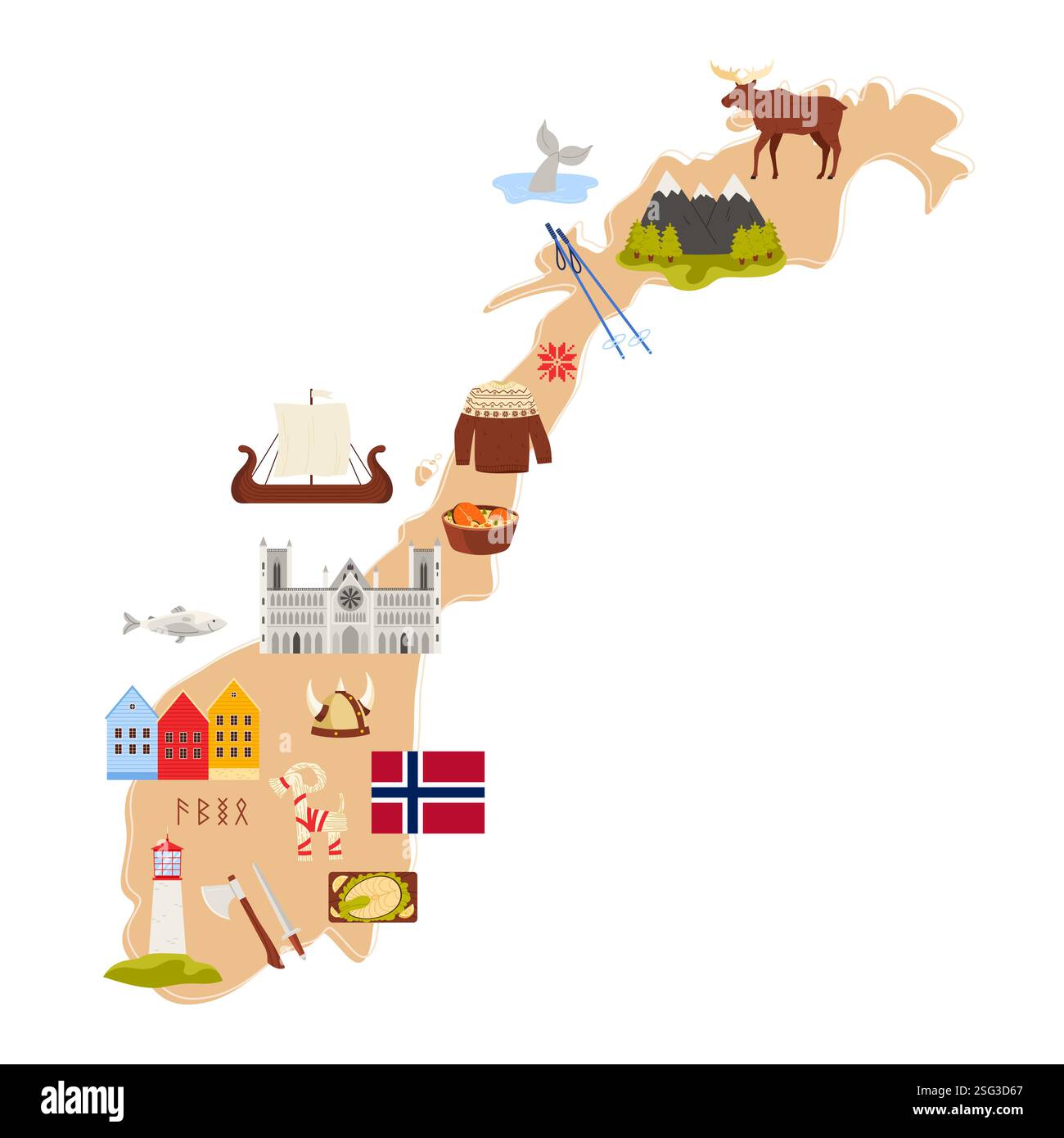 Viaggia verso la Norvegia, gli elementi culturali e i luoghi di interesse, il cibo nella mappa infografica. Cattedrale di Nidaros e chiesa di Urnes Stave, case tradizionali di Bergen, bandiera norvegese, illustrazione vettoriale di alci Illustrazione Vettoriale