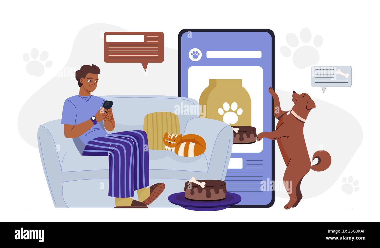 Servizi online per animali domestici. L'uomo con smartphone acquista cibo per il suo cane su Internet. Shopping online con consegna a domicilio. Trasferimenti e transazioni senza contanti Illustrazione Vettoriale