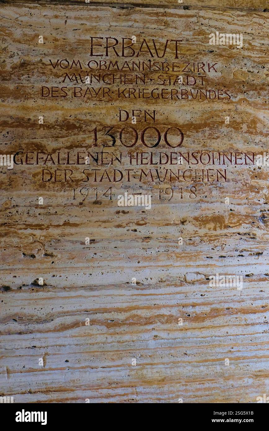 Iscrizione all'interno della cripta commemorativa dei guerrieri Kriegerdenkmal, Hofgarten, Monaco di Baviera, Germania; commemorazione dei soldati locali uccisi tra il 1914-1918 e la prima guerra mondiale. Foto Stock
