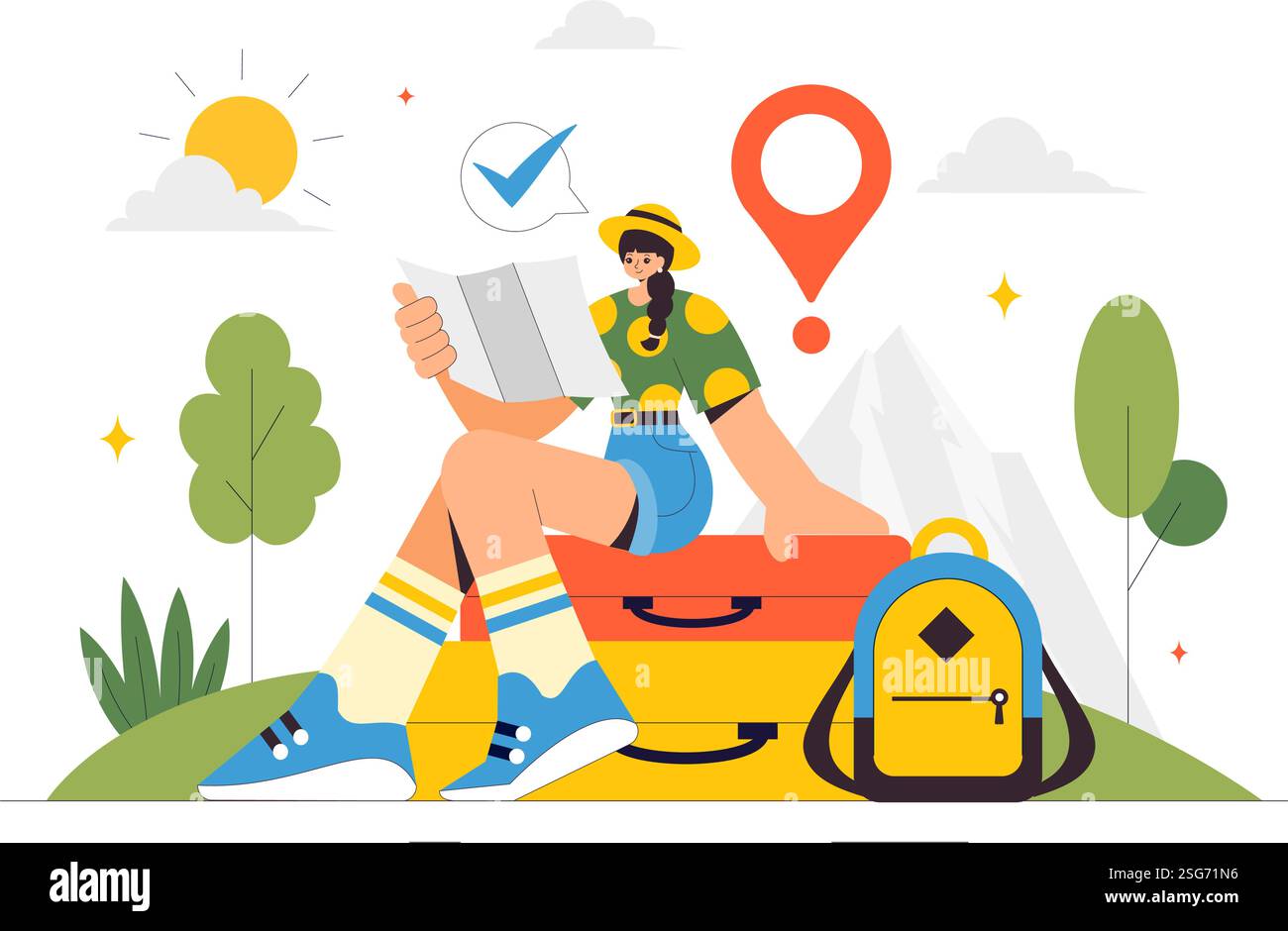 Illustrazione del vettore di viaggio con zaino in spalla, bagagli, mappe e fotocamere per avventure, turismo ed esplorazione su sfondo piatto Illustrazione Vettoriale