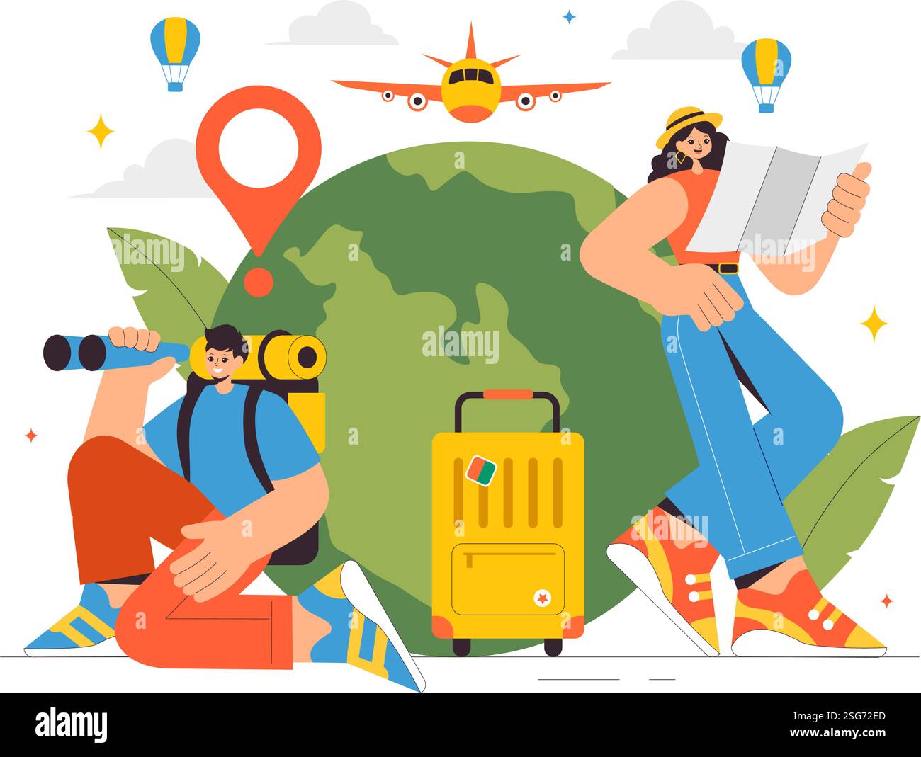 Illustrazione del vettore di viaggio con zaino in spalla, bagagli, mappe e fotocamere per avventure, turismo ed esplorazione su sfondo piatto Illustrazione Vettoriale