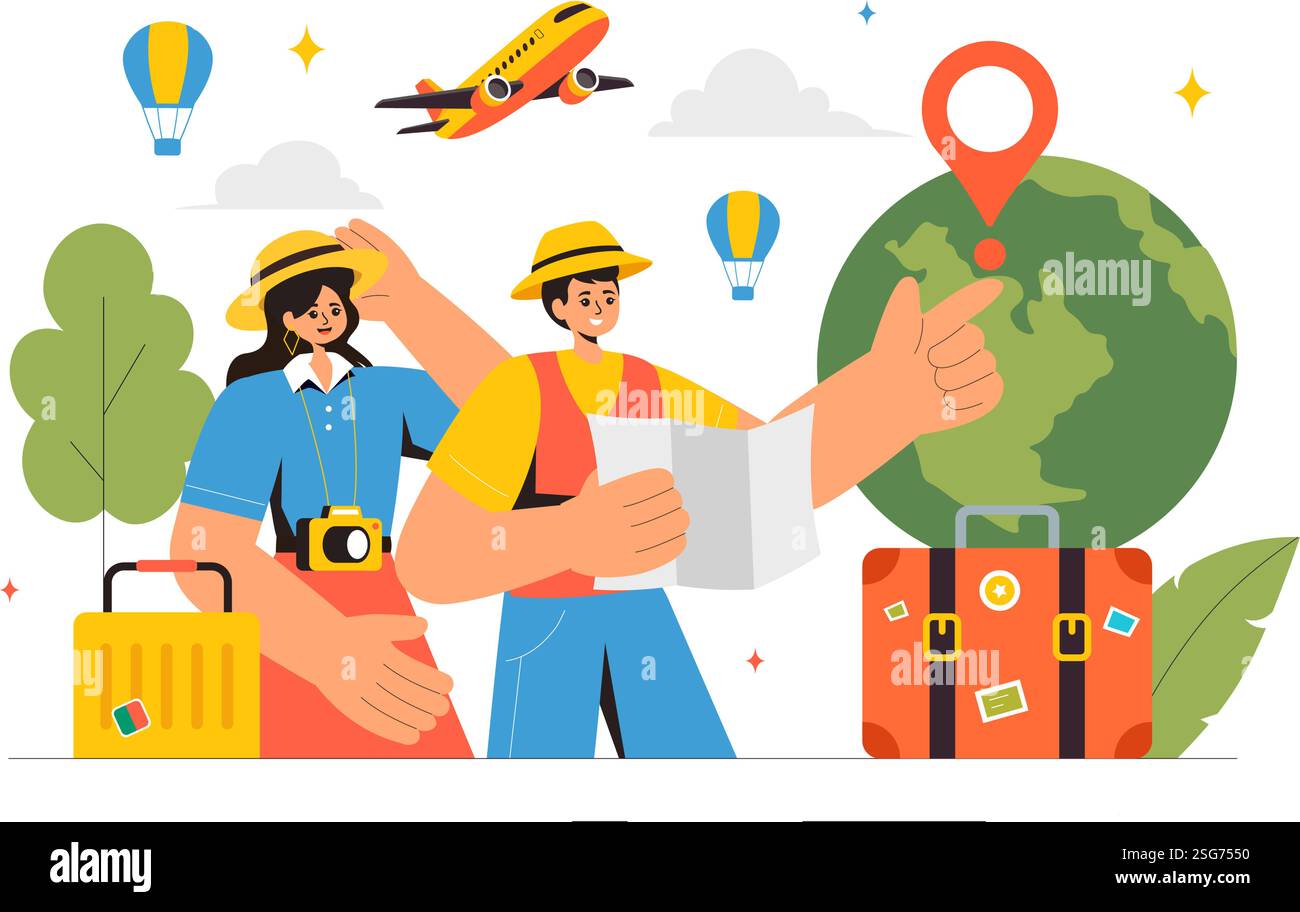 Illustrazione del vettore di viaggio con zaino in spalla, bagagli, mappe e fotocamere per avventure, turismo ed esplorazione su sfondo piatto Illustrazione Vettoriale