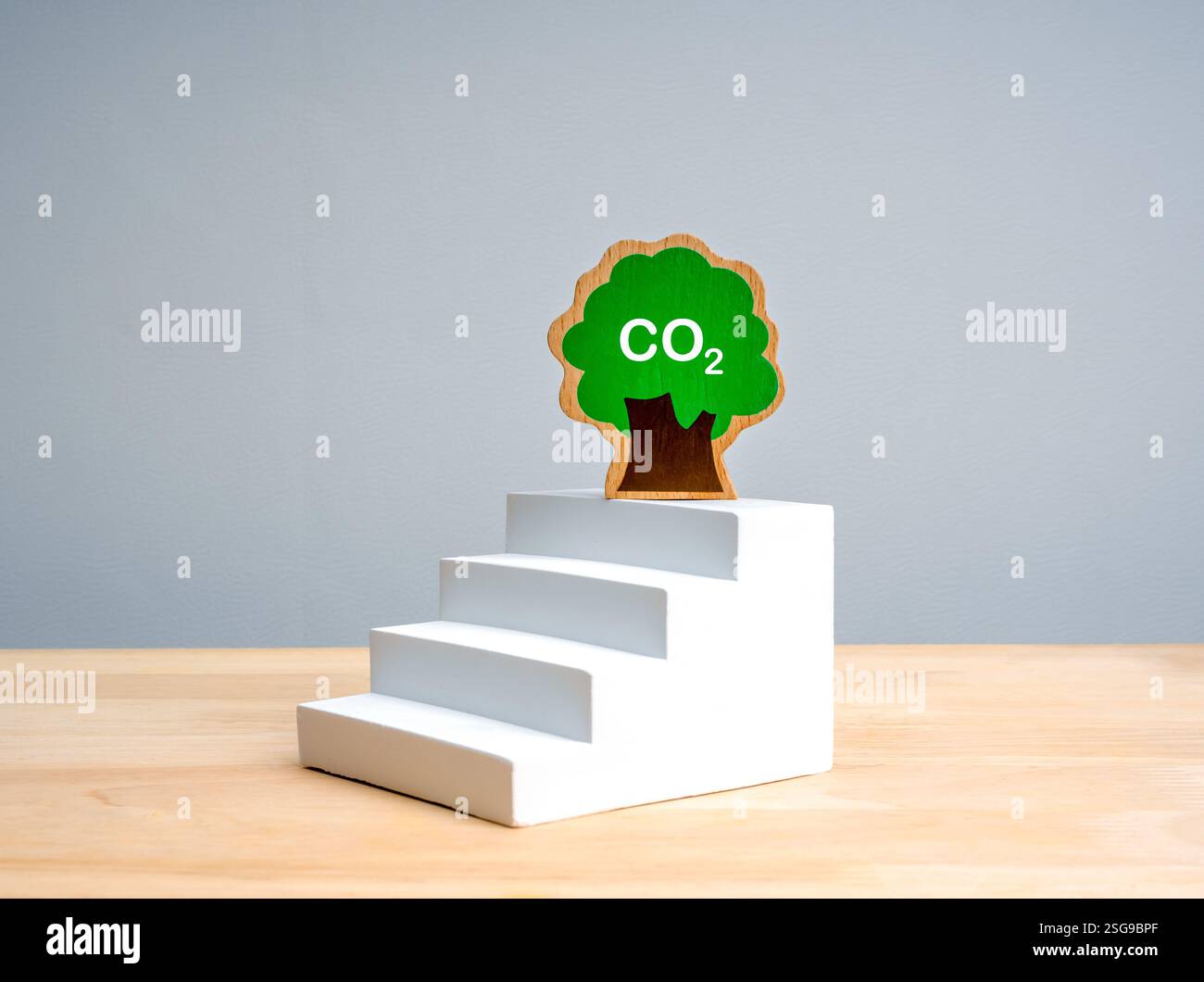 Riduzione delle emissioni di carbonio, concetto di sostenibilità ambientale. Albero verde in crescita, giocattoli in legno con simbolo di riduzione di CO2, su gradini minimi bianchi come g Foto Stock