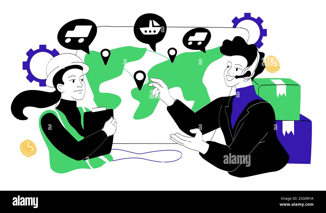 Concetto di spedizione in tutto il mondo. Uomo e donna sono vicini alla mappa globale. Logistica e trasporti. Importazione ed esportazione di merci. Globalizzazione del business Illustrazione Vettoriale