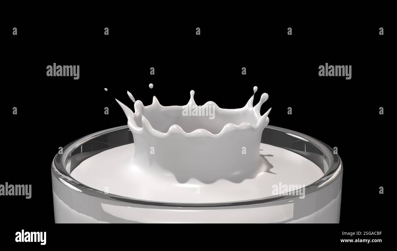 Spruzzare il latte su uno sfondo nero. Primo piano di un bicchiere di latte con latte spruzzato. Foto Stock