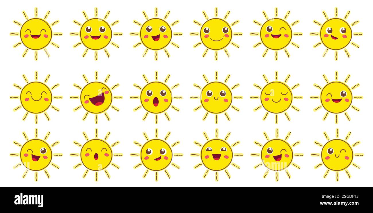 Set clipart di contorno Sun Happy Face. Emoticon del sole simpatici personaggi da disegno clip art in divertenti e allegri elementi grafici di espressione facciale Illustrazione Vettoriale