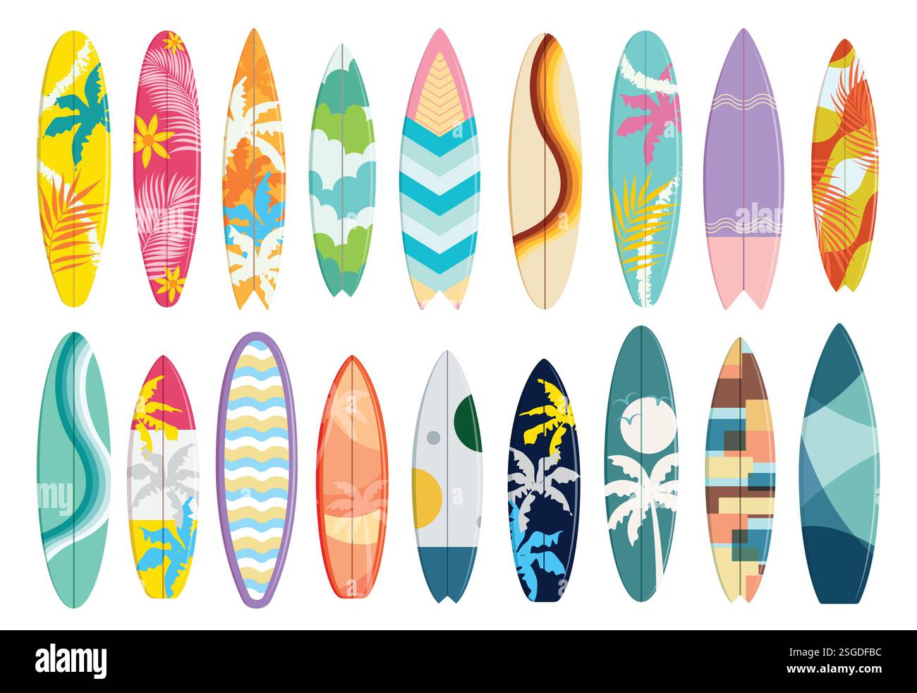 Set clipart elementi tavola da surf estate. Clip art colorate per tavole da surf con stampa e collezione di disegni per elementi grafici da spiaggia vettoriali Illustrazione Vettoriale