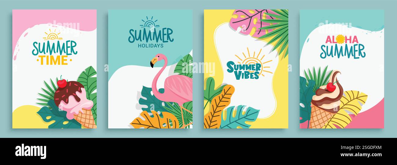 Set di poster clipart dell'ora legale. Clip art per biglietti d'auguri estivi con fenicottero, gelati e foglie tropicali in una colorata collezione di sfondo Illustrazione Vettoriale