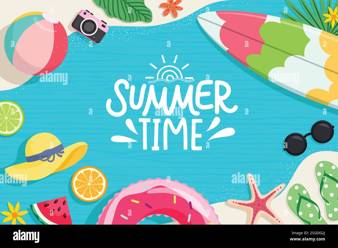 Design clipart di saluto in estate. Elementi colorati della spiaggia estiva come tavola da surf, Beach ball, floater e clip art a stelle marine sullo sfondo della spiaggia Illustrazione Vettoriale