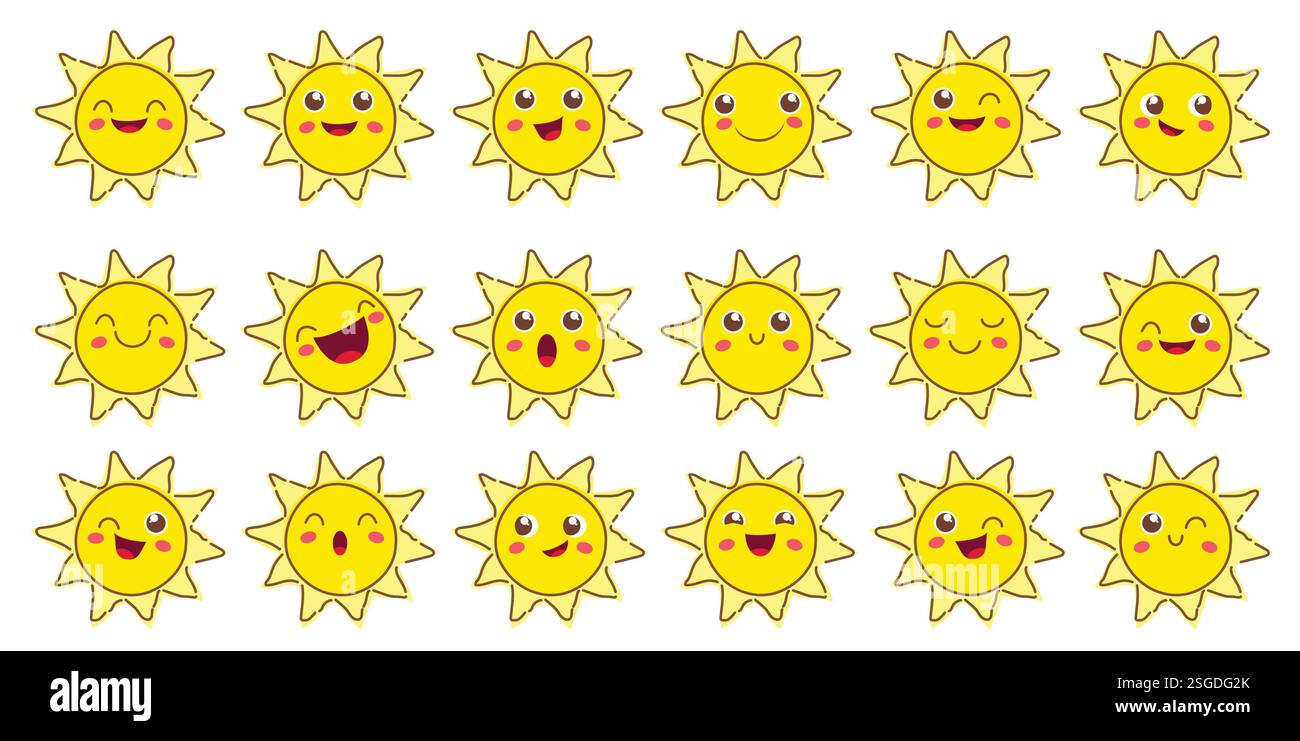 Set di clipart Sun Happy Face. Il sole delinea i personaggi emoticon nella collezione gialla di clip art da disegno per l'icona estiva e l'illustrazione vettoriale del simbolo. Illustrazione Vettoriale