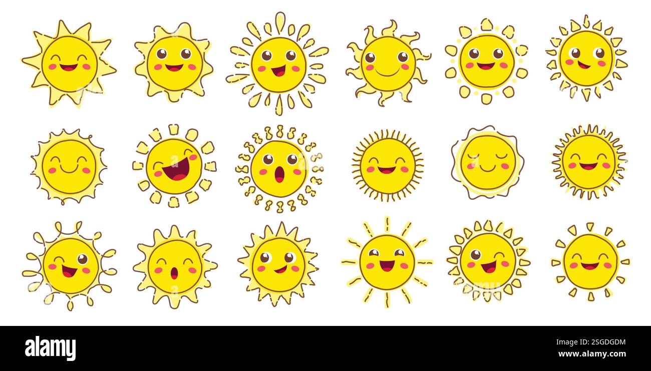 Gruppo clipart contorno faccia solare. Un'emoticon allegra e solare disegnando clip art con diversi raggi e illustrazioni vettoriali gialle della collezione di icone luminose. Illustrazione Vettoriale