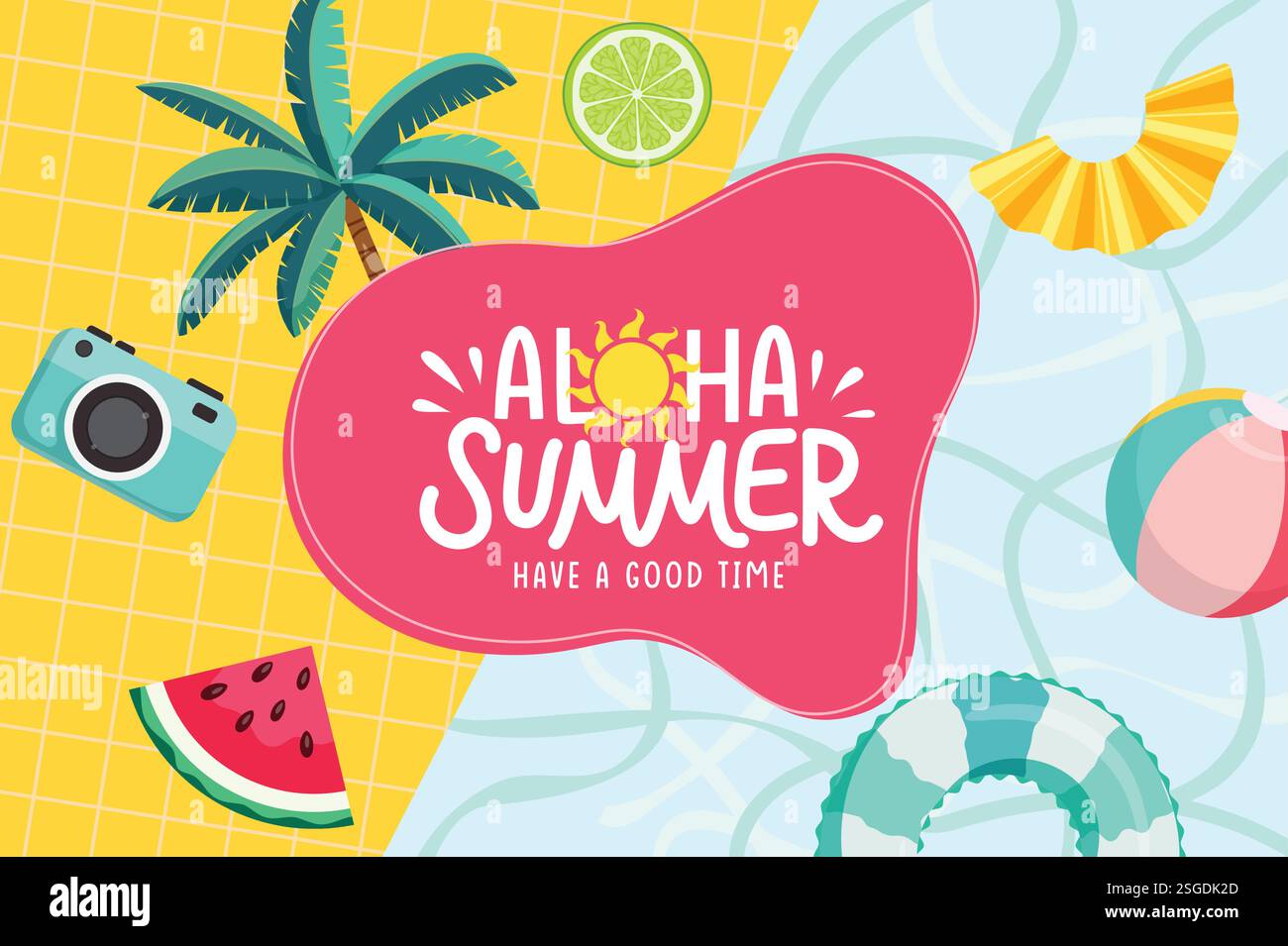 Design clipart modello di saluto estivo. Testo estivo di Aloha con palme, galleggianti, pallavolo, fotocamera e clip art di cocomero elementi da spiaggia Illustrazione Vettoriale