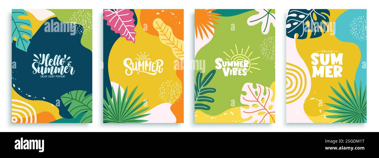 Set di poster clipart astratti estivi. Biglietto d'auguri estivo con disegni colorati di foglie tropicali clip art in un vettore astratto della collezione di sfondo Illustrazione Vettoriale