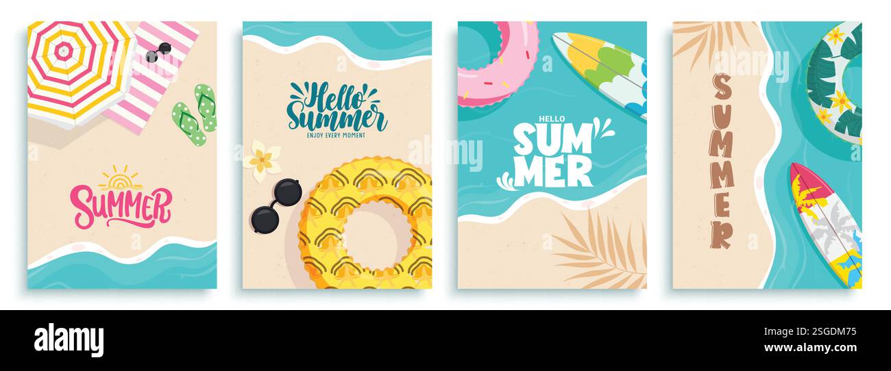 Buongiorno set di poster clipart estivi. Biglietto d'auguri estivo in spiaggia, vista dall'alto, collezione di clip art con elementi tropicali, illustrazione vettoriale. Illustrazione Vettoriale