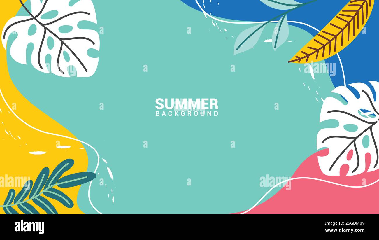 Sfondo astratto clipart estivo. Clip art per biglietti d'auguri estivi con foglie di monstera e filodendron disegnate con un colorato vettore astratto di sfondo Illustrazione Vettoriale