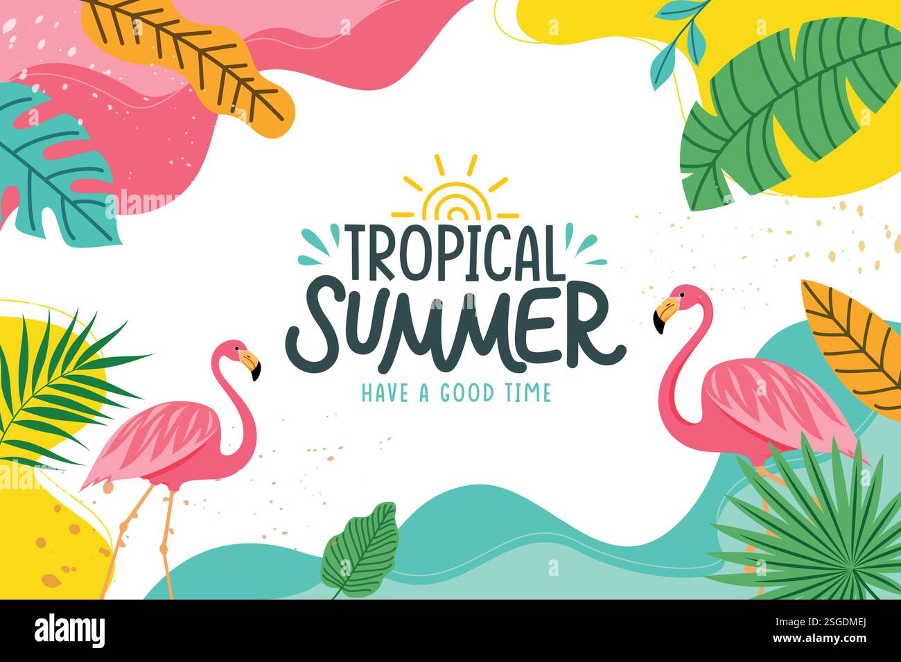 Sfondo clipart di saluto tropicale estivo. Testo estivo tropicale con foglie ed elementi clip art flamingo in colorato vettore astratto modello Illustrazione Vettoriale