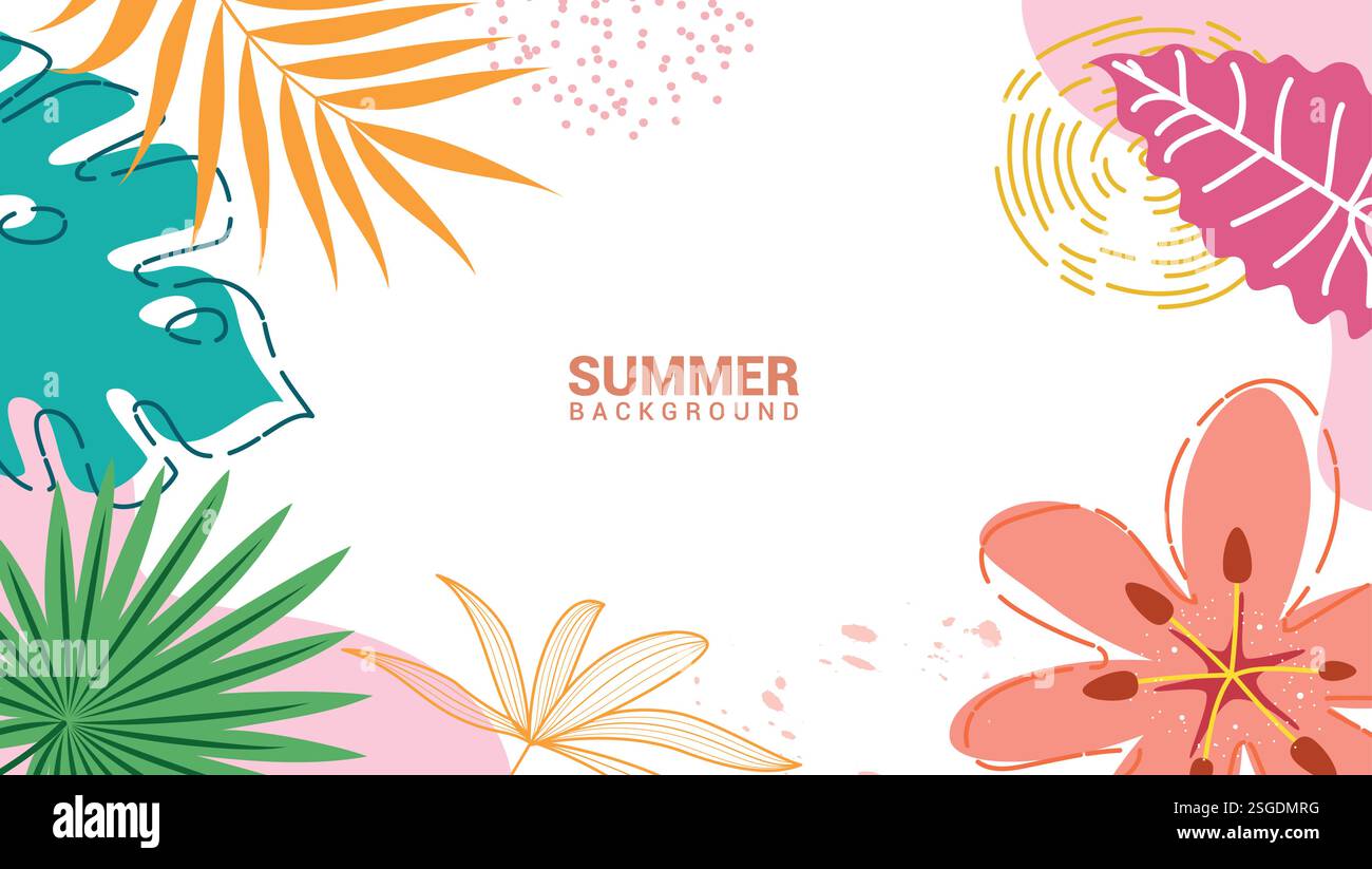 Clipart di sfondo astratto estivo. Fiori estivi e foglie disegnano elementi clip art per la decorazione di biglietti d'auguri illustrazione vettoriale. Illustrazione Vettoriale