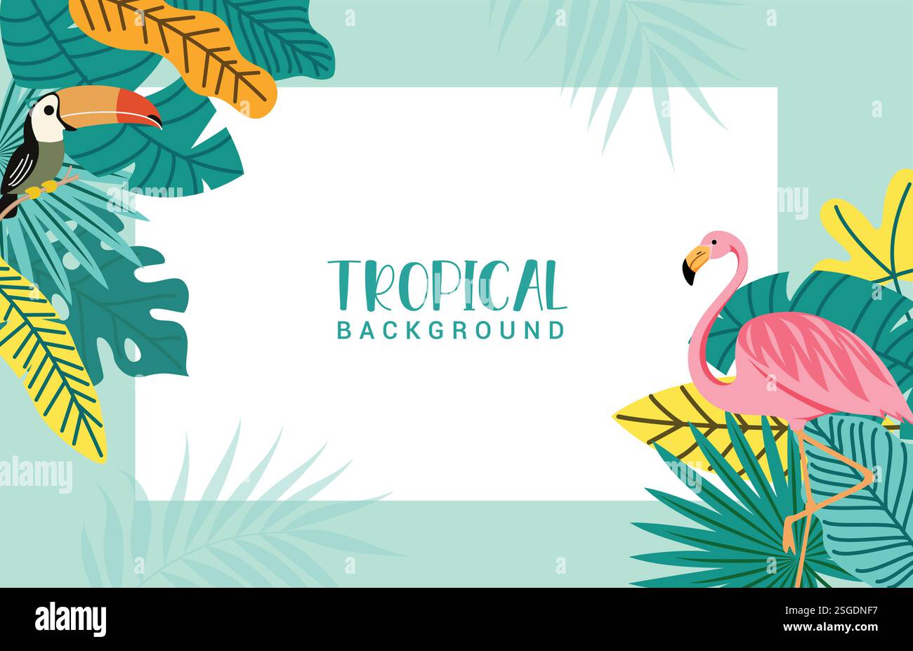 Modello di sfondo clipart estivo tropicale. Biglietto d'auguri estivo con tucano, fenicottero e elementi decorativi di foglie colorate clip art vettoriale Illustrazione Vettoriale