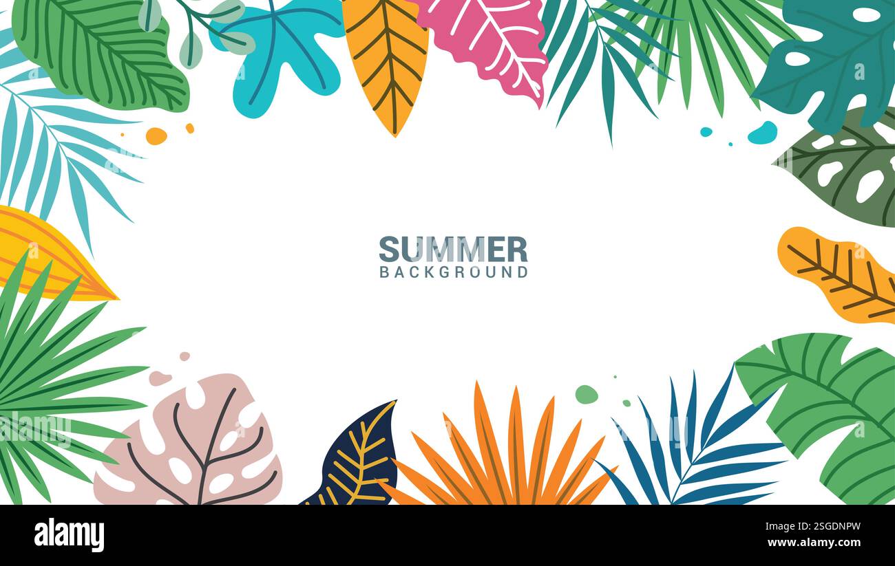 Design clipart di sfondo estivo. Foglie tropicali colorate come monstera, foglie di palma, banana e filodendron elementi clip art per lo sfondo estivo. Illustrazione Vettoriale
