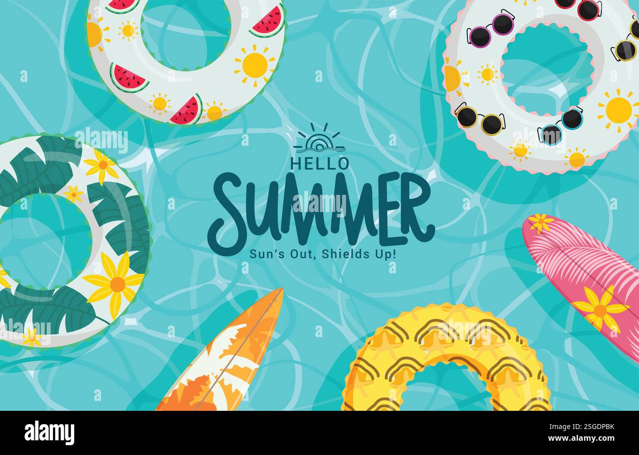 Buongiorno, clipart design per l'estate. Clip art in piscina estiva con galleggianti colorati ed elementi da surf sullo sfondo blu dell'acqua Illustrazione Vettoriale