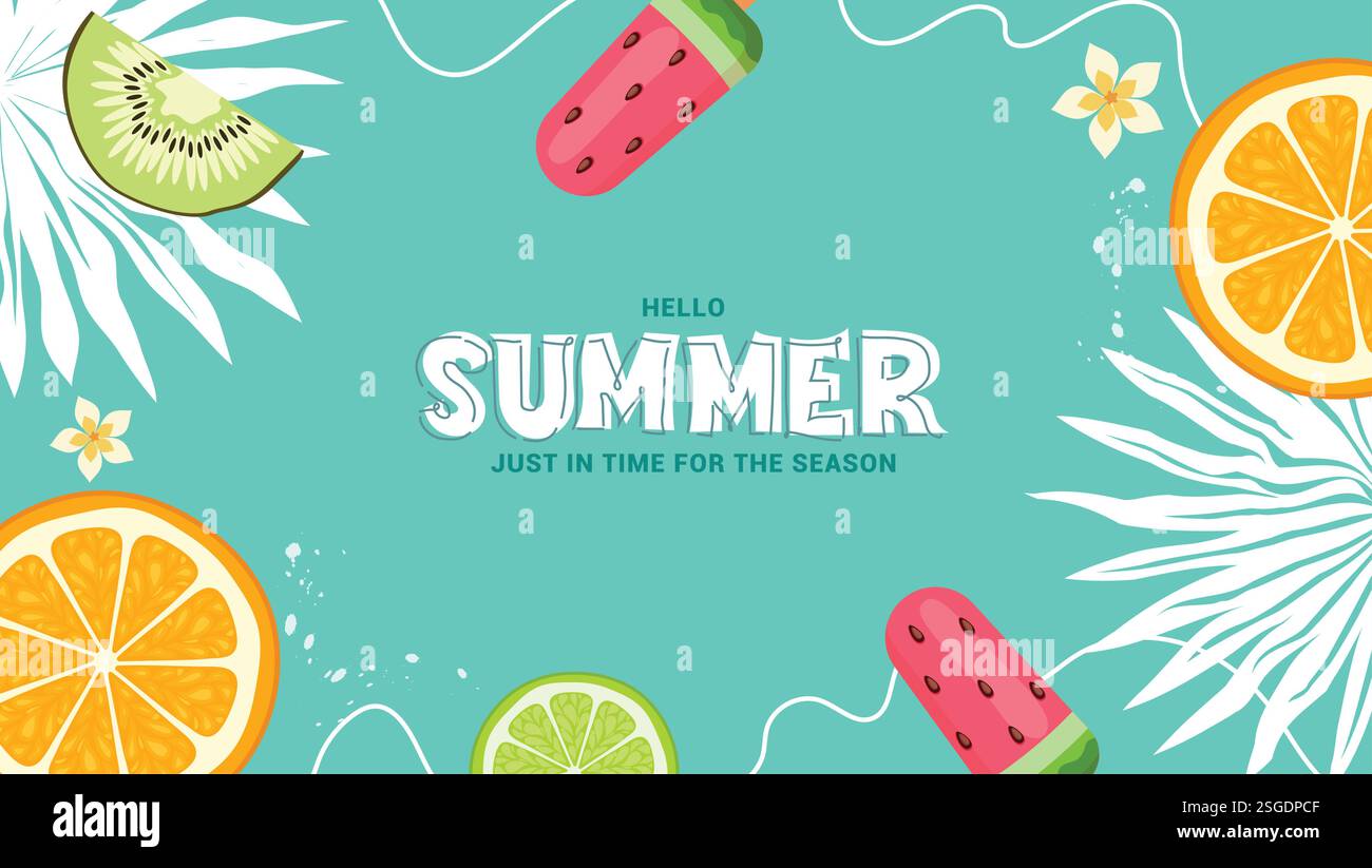 Buongiorno, clipart di benvenuto per l'estate. Testo di saluto estivo in clip art astratta verde con elementi kiwi, limone, arancio e popsicle tropicali Illustrazione Vettoriale