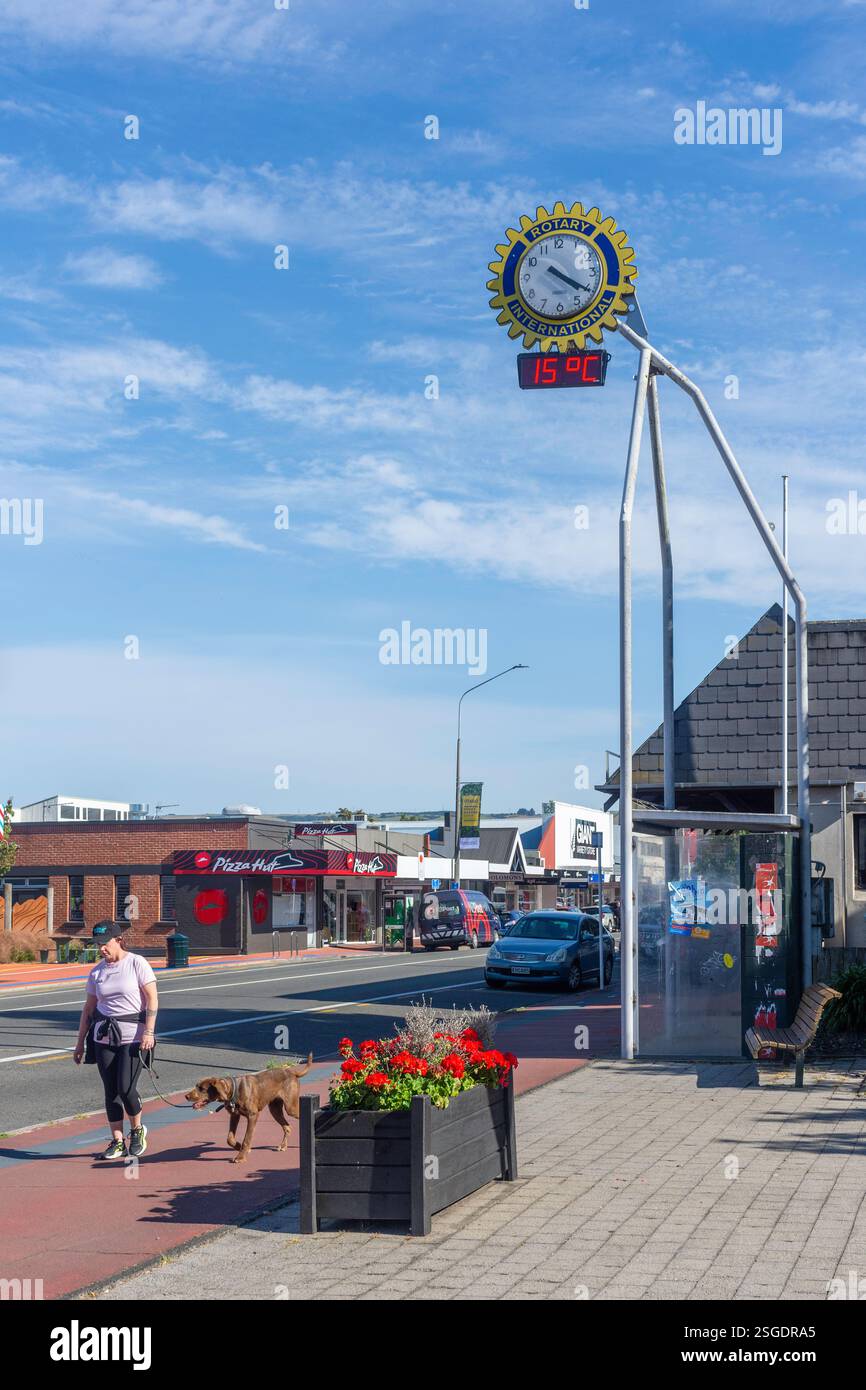 Rotary International Clock, Gordon Road, Mosgiel (te Konika o te Matamata), Otago Region, South Island, nuova Zelanda Foto Stock