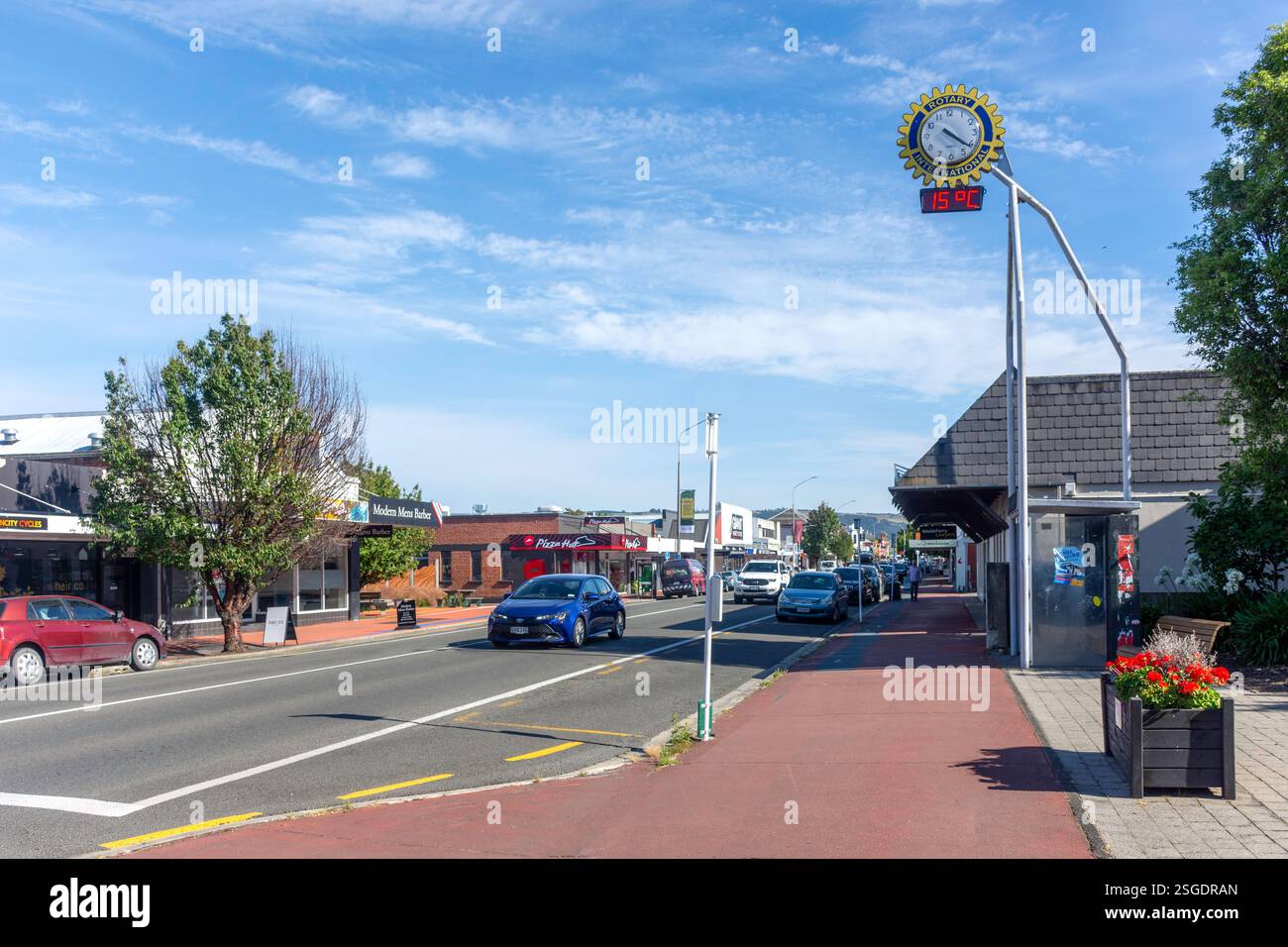Rotary International Clock, Gordon Road, Mosgiel (te Konika o te Matamata), Otago Region, South Island, nuova Zelanda Foto Stock
