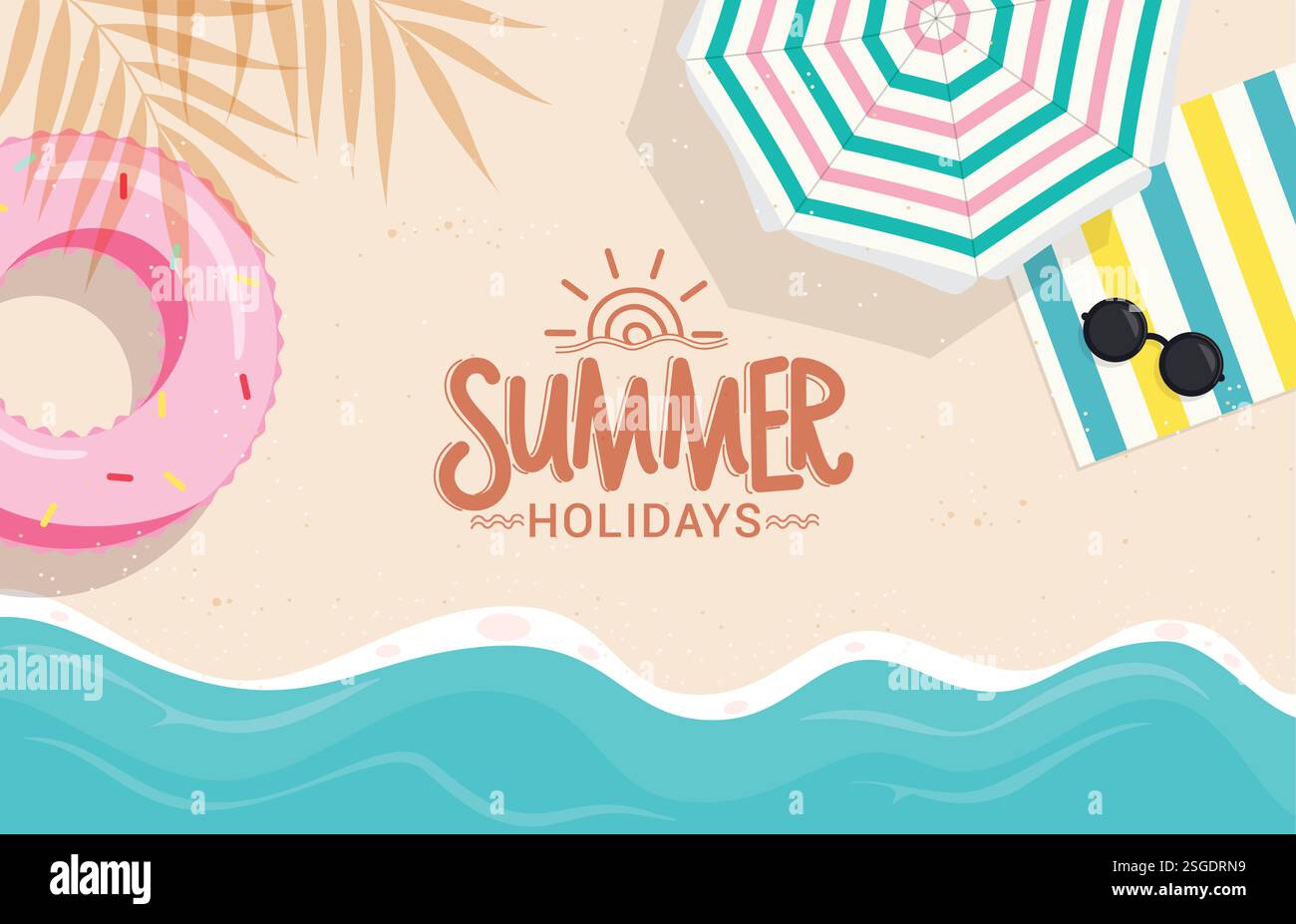 Design clipart di benvenuto sulla spiaggia estiva. Clip art vista dall'alto in riva al mare estiva con illustrazione vettoriale di galleggiante, ombrello, tappetino ed elementi da nuoto. Illustrazione Vettoriale