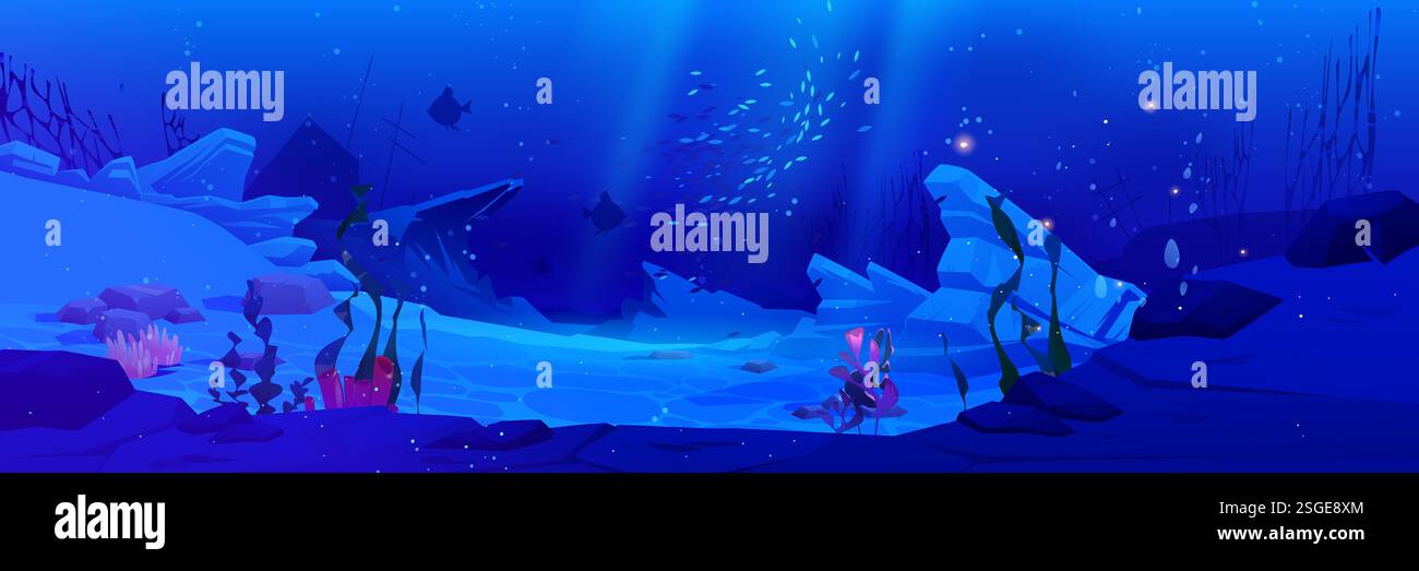 Fondo oceanico subacqueo. Fondale marino profondo - paesaggio marino con pesci, alghe marine e barriere coralline. Scena acquatica di colore blu scuro con piante esotiche e sagoma di relitti di navi sommerse. Illustrazione Vettoriale Fondo oceanico subacqueo. Fondale marino profondo - paesaggio marino con pesci, alghe marine e barriere coralline. Scena acquatica di colore blu scuro con piante esotiche e sagoma di relitti di navi sommerse. Illustrazione Vettoriale