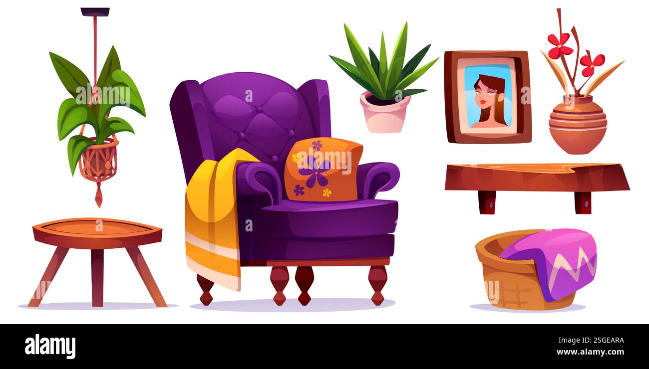 Mobili boho da salotto con poltrona viola con cuscino e plaid, tavolo e ripiano in legno, piante in vaso, piantagione di macrame appesa, cornice fotografica. Elementi di design degli interni in stile bohémien. Illustrazione Vettoriale