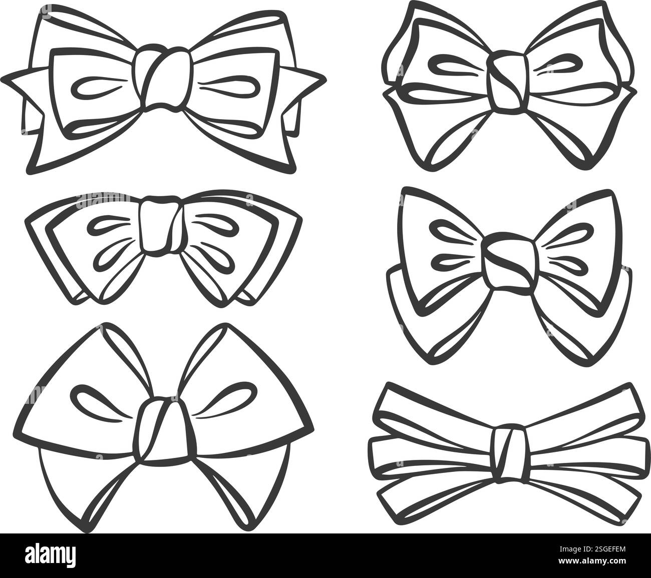 I capelli si inchinano su uno sfondo bianco. Design elegante, semplice e vintage con nastri in raso. Accessori con contorno nero perfetti per regali vacanze compleanni e. Illustrazione Vettoriale