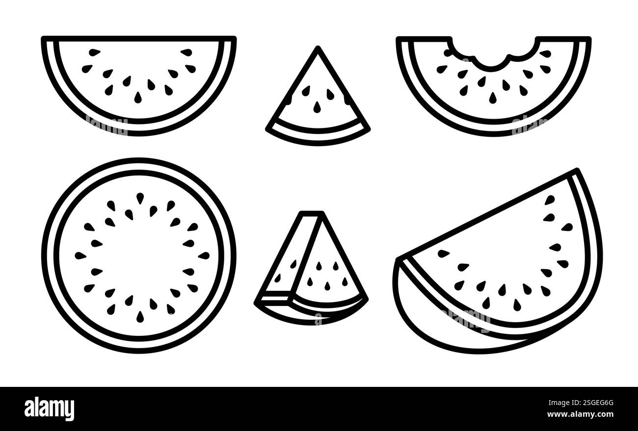 Gruppo clipart disegno contorno anguria. Icona nera dell'anguria e linee artistiche clip art collezione frutti tropicali interi ed elementi a fetta vettoriali Illustrazione Vettoriale