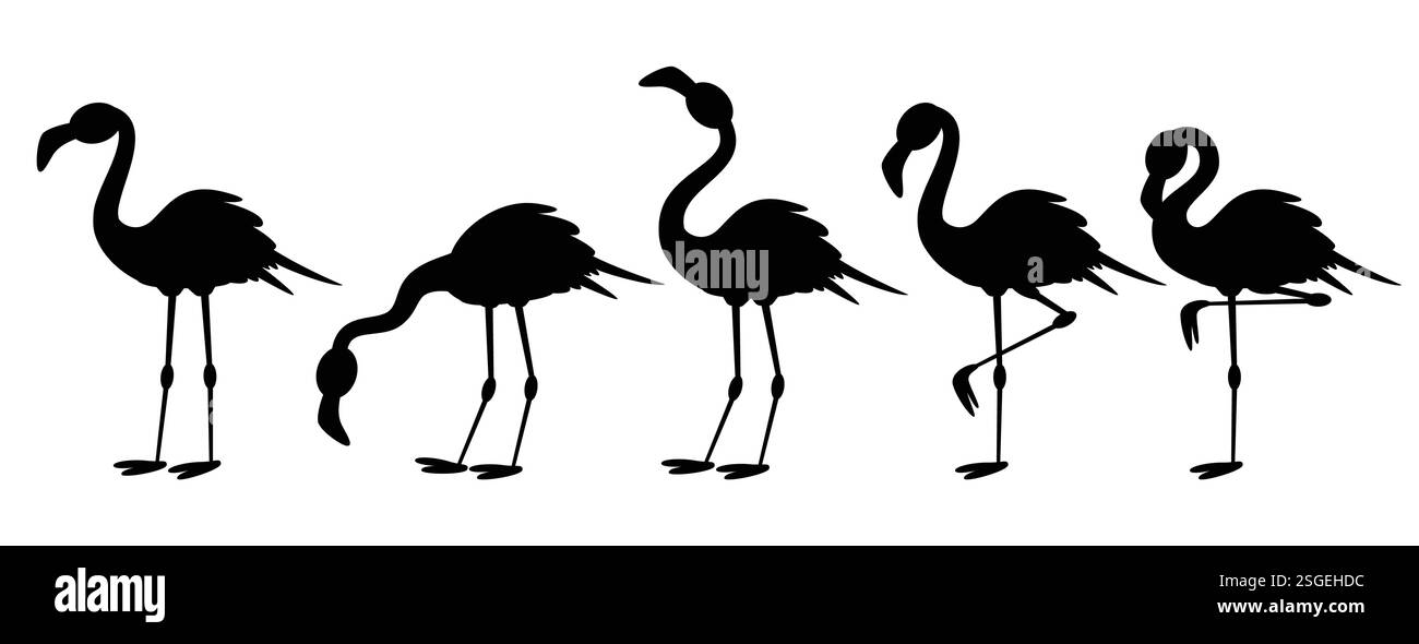 Set clip silhouette Flamingo. Collezione estiva estiva di clip con silhouette nera Flamingo e icone di uccelli tropicali su sfondo bianco. Illustrazione Vettoriale
